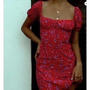 Rat & Boa Evangelie Red Floral Mini Dress Puff Sleeves Button Front + Scarf Sz S